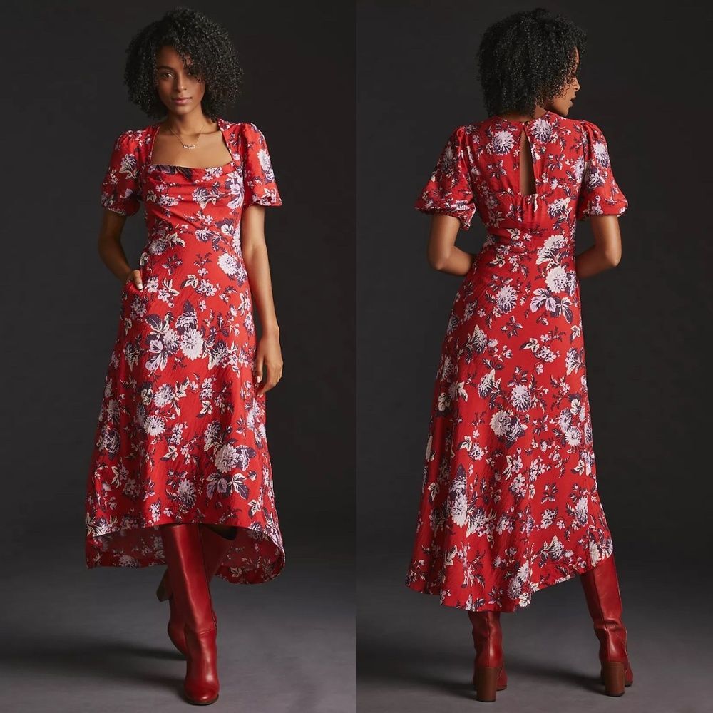 Anthropologie Maeve Puff-Sleeve Midi Dress - Red Floral | Size 6